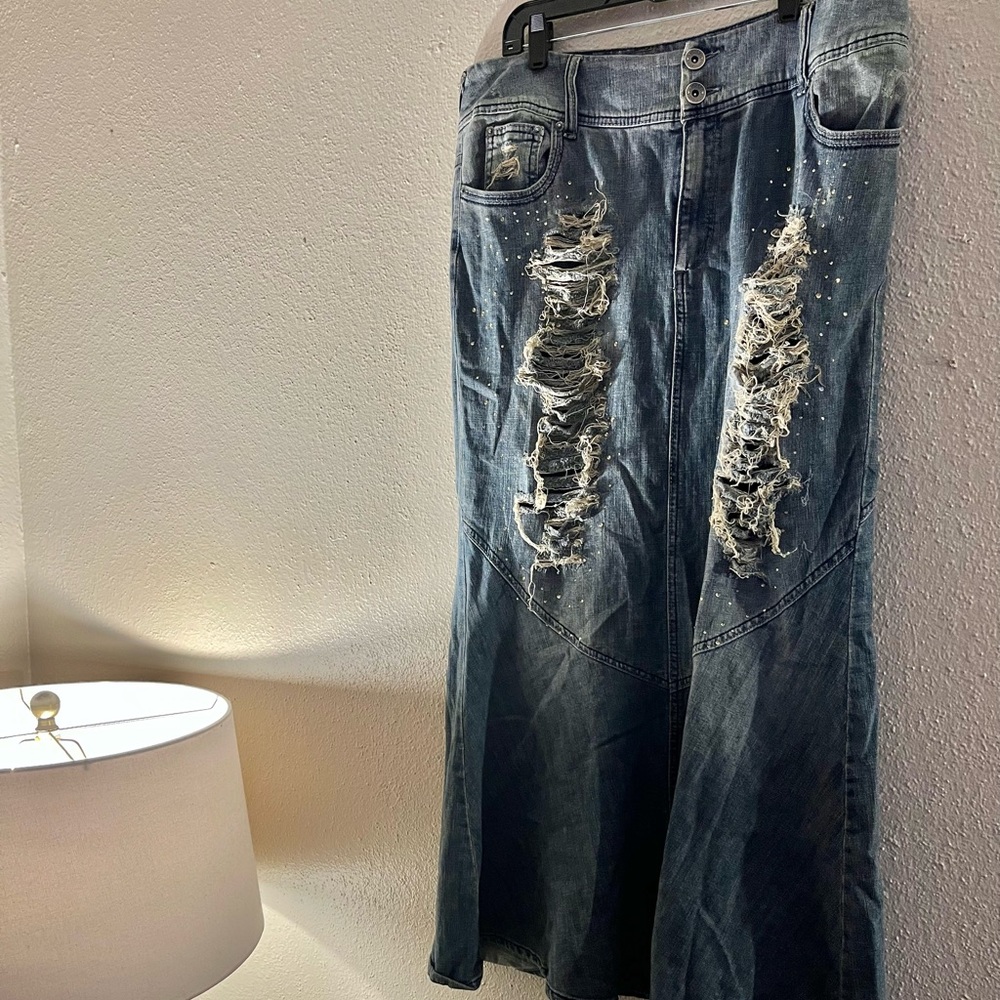 Ashley Stewart maxi skirt w/ jewels and distressed/rip detail